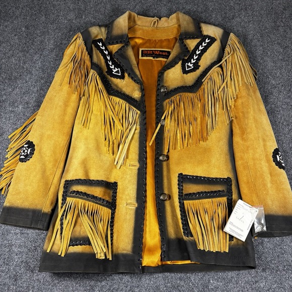 3B West Jackets & Blazers - 3B West Leather Fringe Jacket Womens L Tan Black Indian Eagle Western NWT